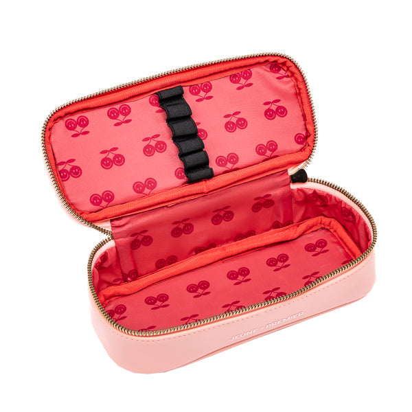 Trendy spacious pencil box. A plain pencil box, varnished with Jeune Premier designs, with a selection of elastic bands on the lid to store your favorite pens.